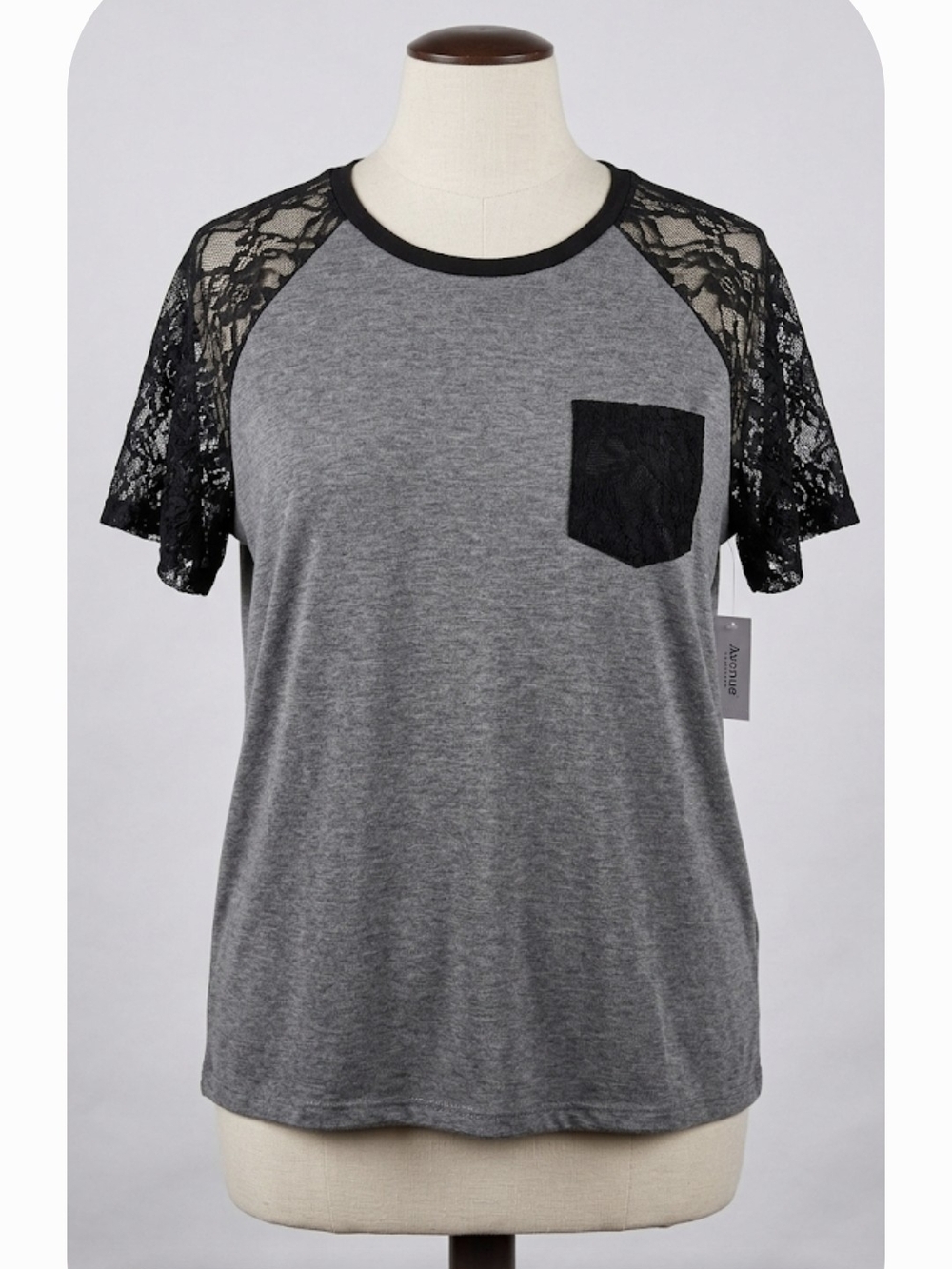 Women's Gray Short Sleeve Tee with Black Lace S)rre<uuum¹Pocket, Plus Size